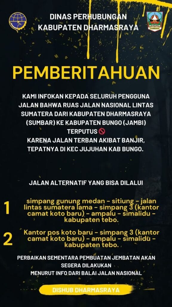 Jalan Lintas Sumbar-Jambi Putus Total, Dishub Dharmasraya Siapkan Jalur Alternatif