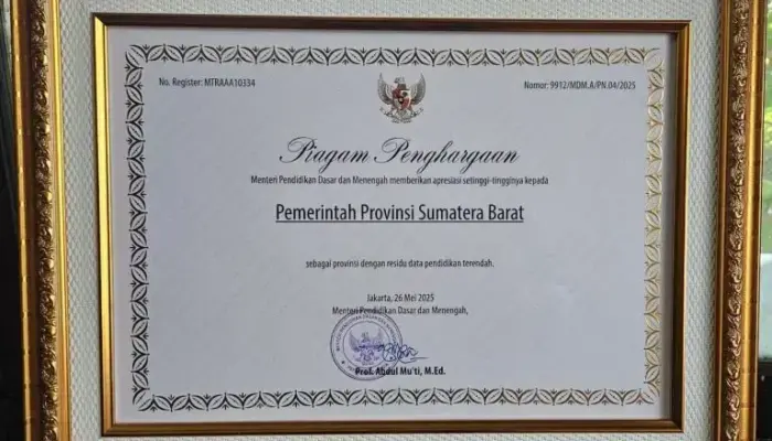 Sumbar Jadi Percontohan Nasional Usai Raih Penghargaan “Provinsi Terbaik Residu Data Pendidikan”