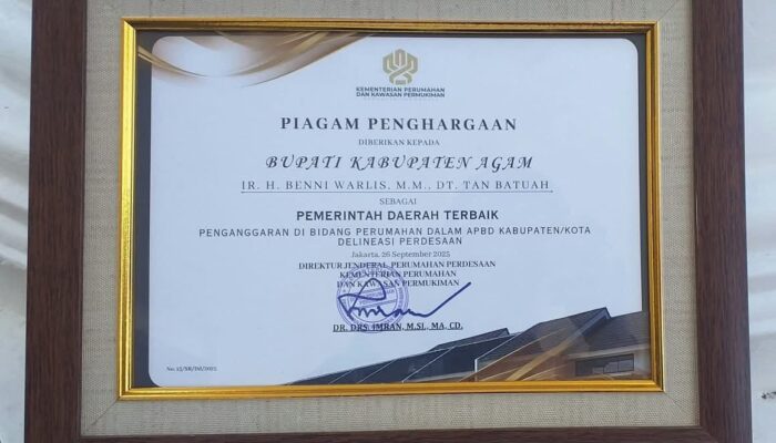 Agam Terima Penghargaan Kemen-PKP Atas Komitmen Anggaran Perumahan Pedesaan di APBD