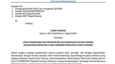 Edaran Terbaru Dinas Pendidikan Tentang Libur Sekolah Terkait Padang Darurat Banjir