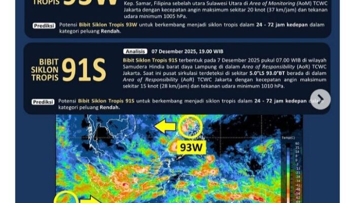 Bibit Siklon Tropis 91S Berpotensi “Meletus”! Sumbar, Bengkulu dan Lampung Bakal Hujan Lebat